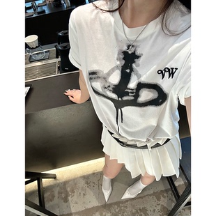 XIAsNan夏夏 夏季 休閑洋氣設計感t恤 女士上衣 土星印花純棉短袖