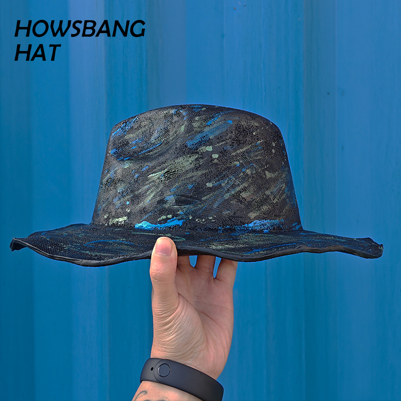 HOWSBANG蓝黑系火烧帽烧毁帽子做旧秀场宽沿爵士礼帽复古艺术小众