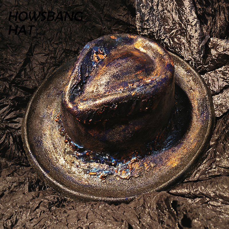 HOWSBANG原创大秀款敦煌岩彩火烧帽烧毁礼帽做旧男女艺术爵士帽子