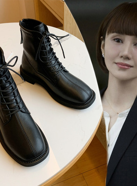 2025新款黑色短靴女秋冬马丁靴系带方头短筒踝靴英伦风平底瘦瘦靴