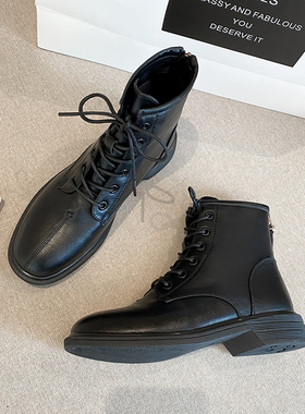 ann马丁靴女20254新款百搭秋冬黑色短靴平底英伦风系带显瘦机车靴