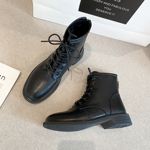 ann马丁靴女20254新款 百搭秋冬黑色短靴平底英伦风系带显瘦机车靴