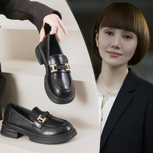 单鞋 春秋乐福鞋 2026新款 英伦风黑色工作鞋 子 女一脚蹬厚底小皮鞋