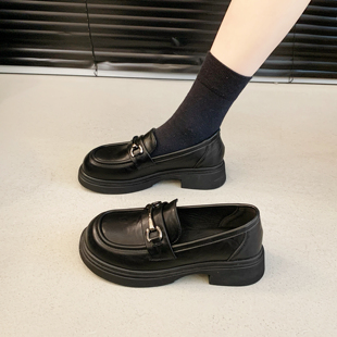 气质上班鞋 乐福鞋 一脚蹬圆头单鞋 春秋黑色工作鞋 女英伦厚底小皮鞋