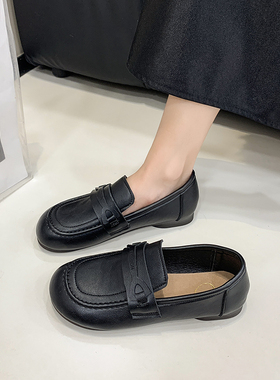 圆头豆豆鞋女一脚蹬平底乐福鞋春秋单鞋英伦风黑色小皮鞋工作鞋子