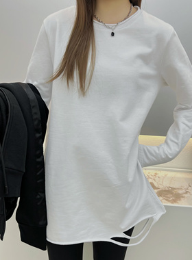 秋冬季加绒下摆破洞长袖T恤女白色t百搭打底衫女中长款宽松上衣