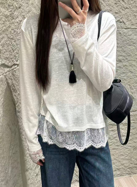 DW圆领长袖蕾丝拼接T恤女2026春秋季简约宽松内搭打底衫上衣8288
