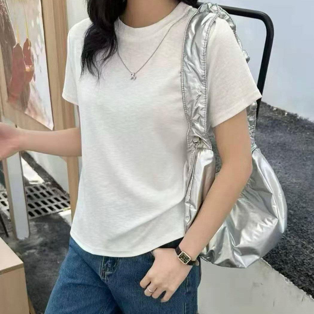 圆领带链条短袖t恤女2026夏季新款宽松显瘦简约基础内搭打底8323