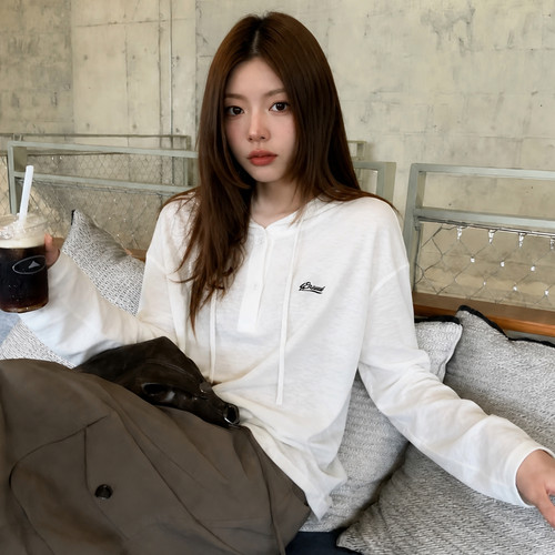 秋冬新款简约洋气百搭刺绣印花宽松连帽套头长袖t恤女8715