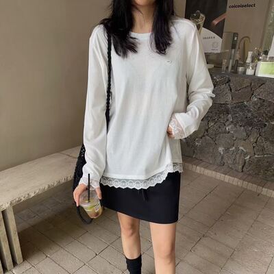 2026春秋季DW新款洋气韩版宽松百搭高级感蕾丝拼接长袖T恤女7883