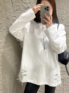 DW破洞白色加绒加厚打底衫女内搭秋冬棉质长袖t恤简约上衣7351