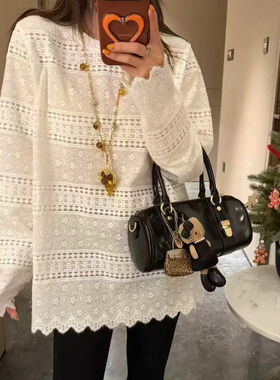 DW洋气镂空钩花蕾丝长袖T恤女秋冬宽松显瘦打底衫叠穿上衣8180
