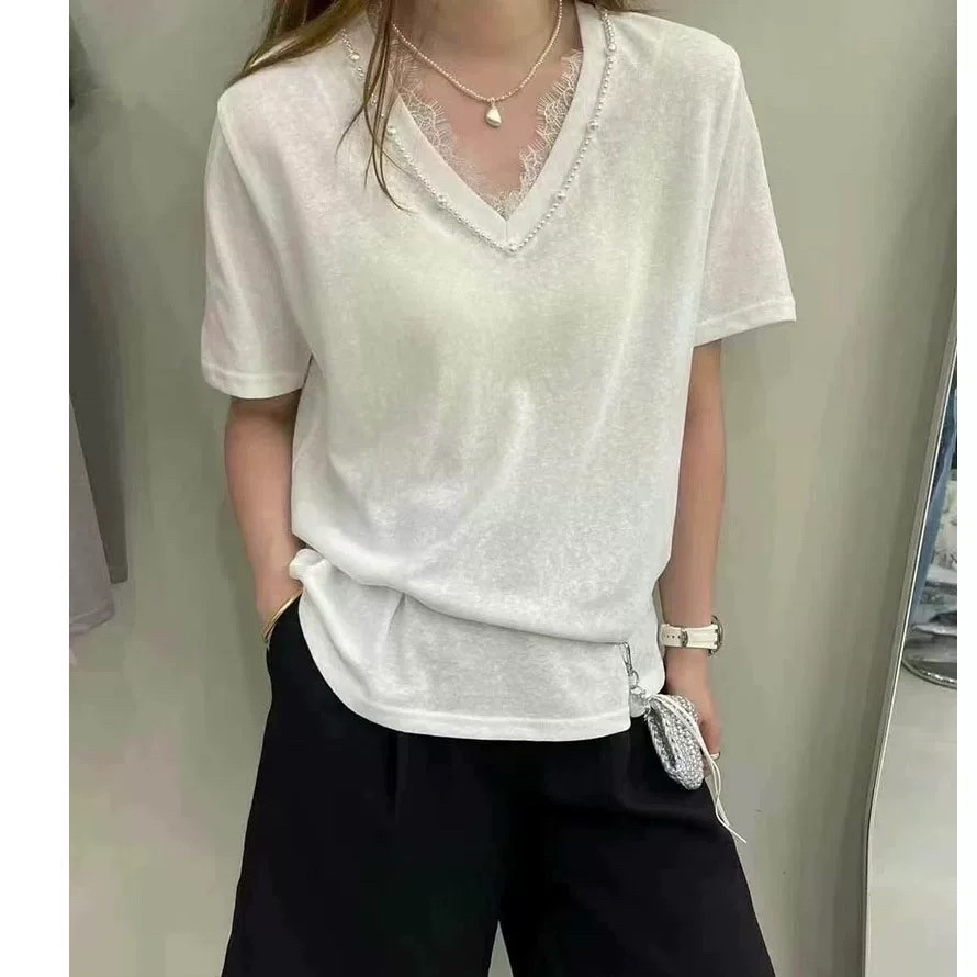 DW夏季新款女洋气甜美显瘦百搭重工钉珠蕾丝花边V领短袖T恤7792