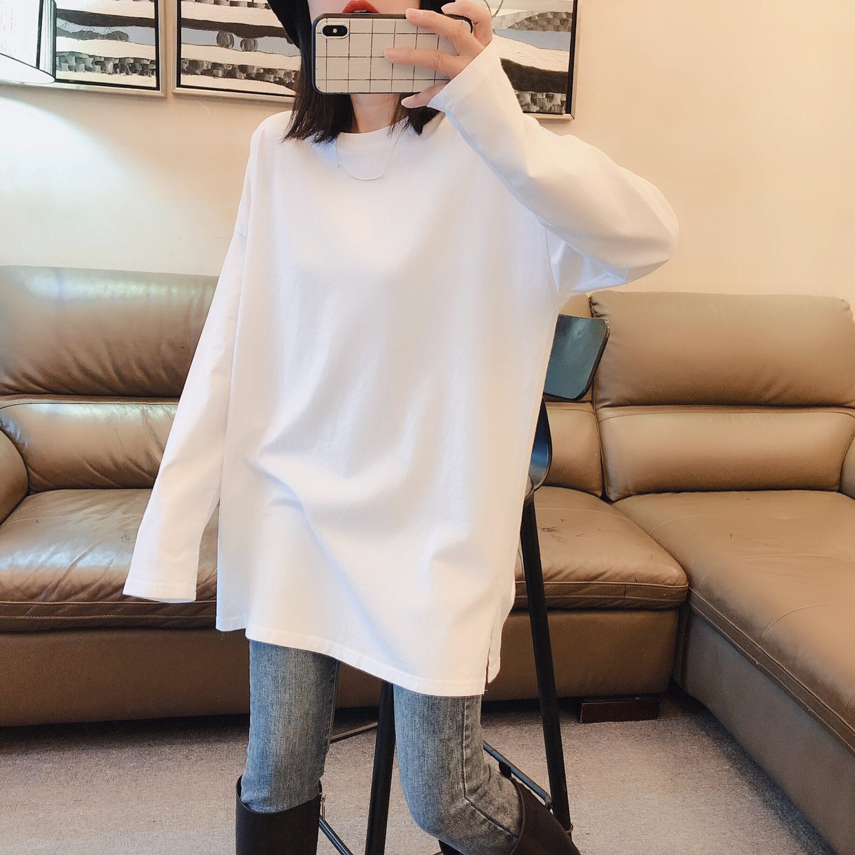 DW2025正品白色宽松中长款T恤女春秋新款韩版百搭长袖打底衫1312