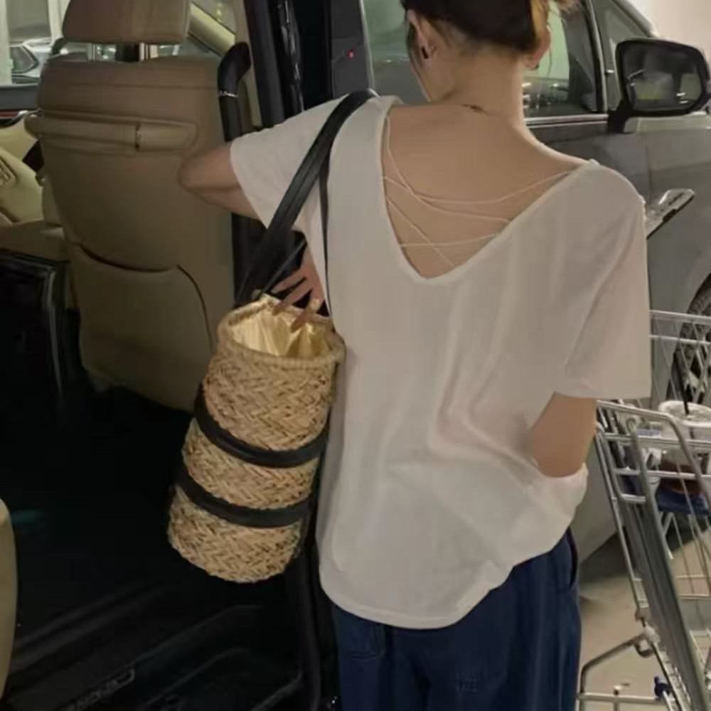 美背洋气交叉锁骨V领短袖上衣T恤女百搭显瘦纯色夏季薄款8569