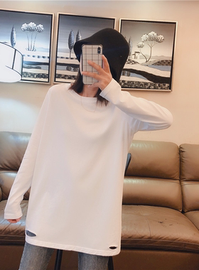 DW正品秋冬中长款宽松加绒下摆割破洞长袖打底衫内搭T恤女DW637