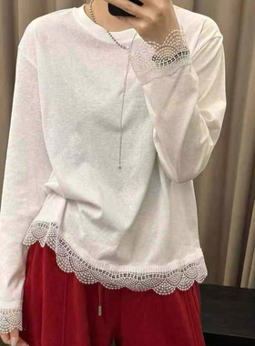 DW2026春季新款时尚圆领里拼蕾丝镂空花边长袖T恤女打底衫8306