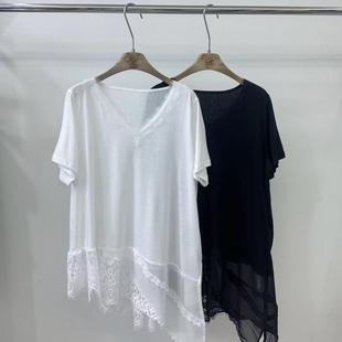 设宽松显瘦斜下摆上衣8357 T恤女2026韩版 V领蕾丝拼接中长款 短袖