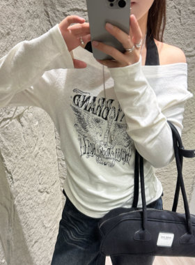 DW复古字母印花高街长袖T恤秋季假两件套设计感挂脖百搭上衣7976