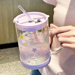玻璃杯办公室高颜值水杯喝水杯子大容量家用带盖吸管耐高温吸管杯