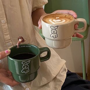 新款 可爱咖啡小狗叠叠杯早餐杯陶瓷杯子耐高温情侣水杯咖啡杯家用