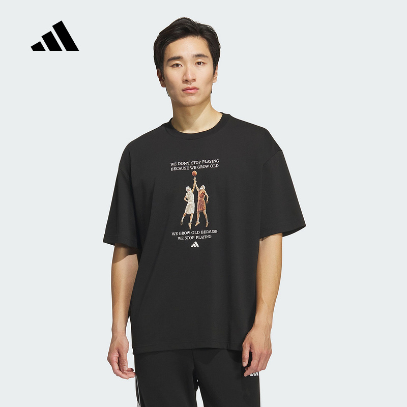 adidas阿迪达斯篮球印花黑色半袖2025秋男大号版型短袖T恤 KF5163