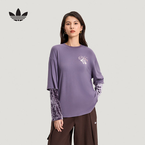 adidas阿迪达斯三叶草情人节款二合一假两件上衣女长袖T恤 KR5040
