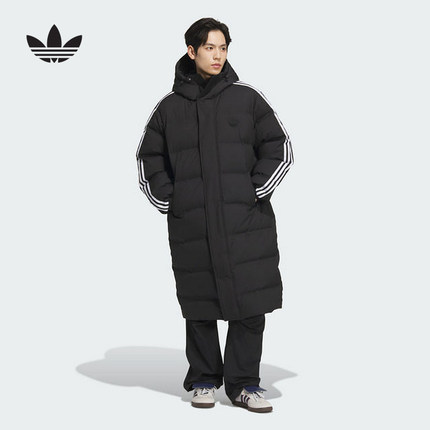 阿迪达斯三叶草长款羽绒服男2024冬季新款过膝保暖运动外套JD3749