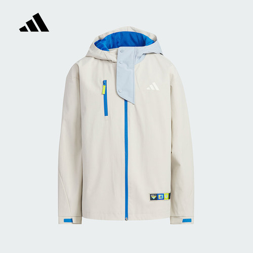 adidas阿迪达斯大童拒水机能风拼接连帽外套2025秋梭织夹克KC0198