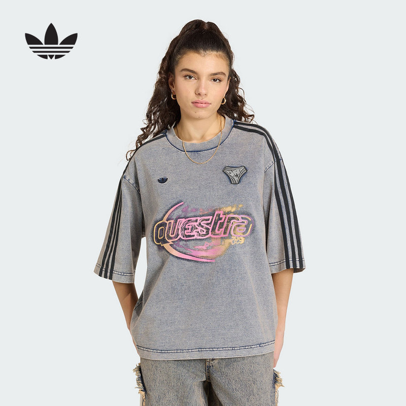 adidas阿迪达斯三叶草棉质牛仔布大号半袖丝印图案短袖T恤KZ5012