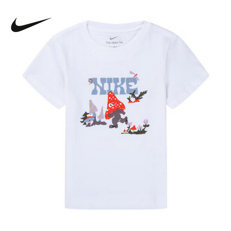 Nike耐克女童幼童T恤夏季休闲图案印花圆领针织棉短袖IM4496-100