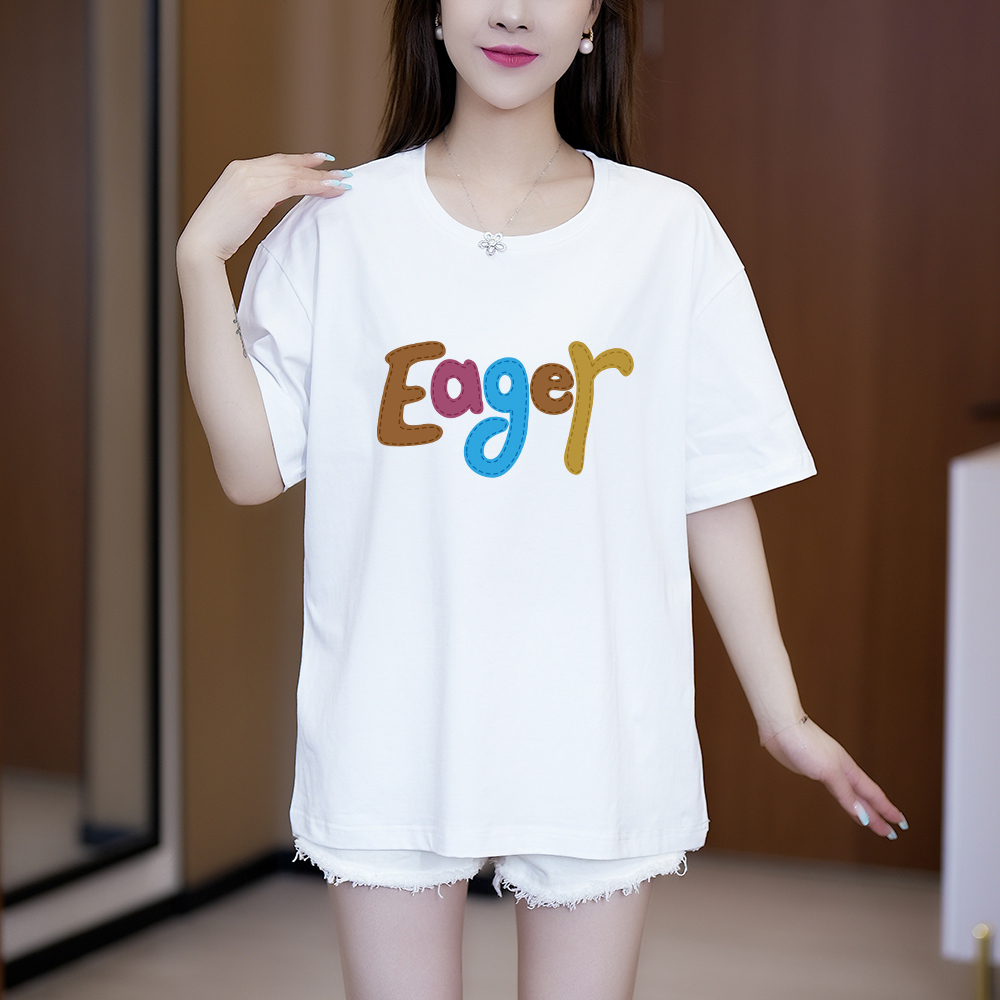 简约彩色英文字母印花短袖2025年新款中年大版显瘦圆领休闲女上衣