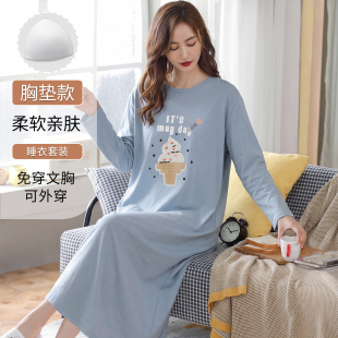 秋季长袖睡裙女士春秋款韩版过膝中长款连衣裙睡衣卡通甜美家居服