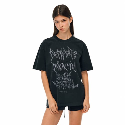MOKACME 复古盐炒做旧金属乐队vintage字体印花纯棉短袖T恤潮男女