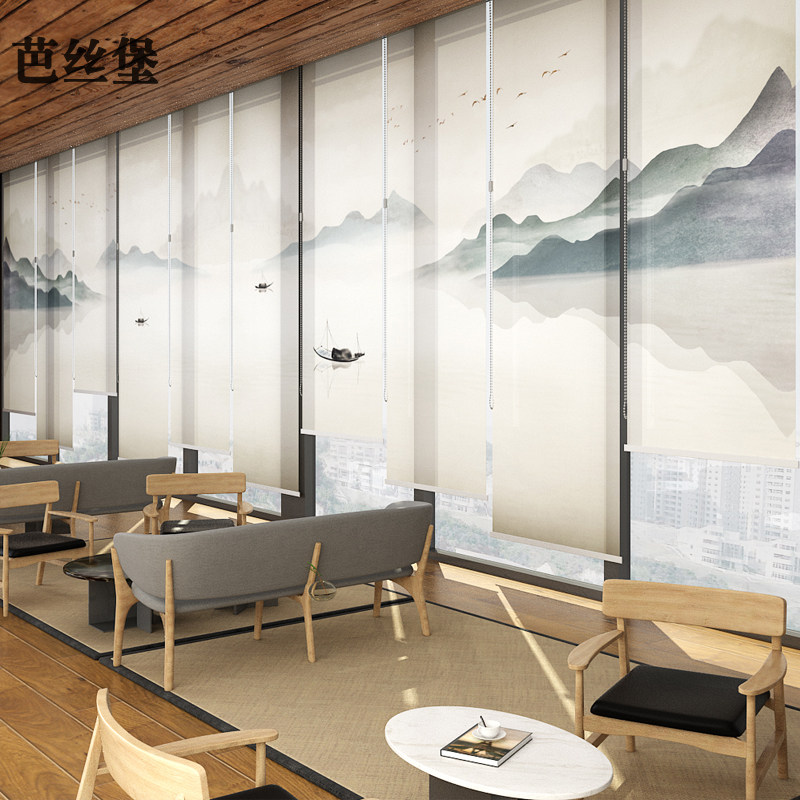 中式透明卷帘厨房卷帘窗帘办公室升降茶室酒店客厅透光不透人窗帘