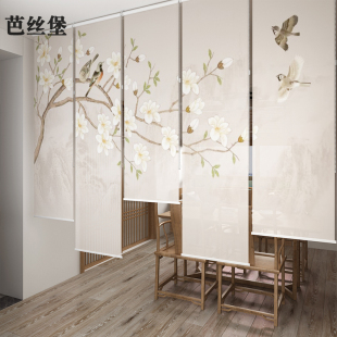 中式 饰禅意透明花鸟 卷帘免打孔安装 升降家用手拉茶室客厅卧室装