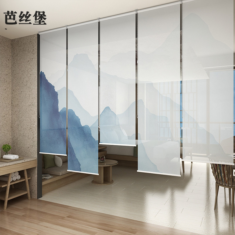 新中式帘子软屏风隔断悬挂式窗帘卷帘升降客厅酒店售楼部展会装饰