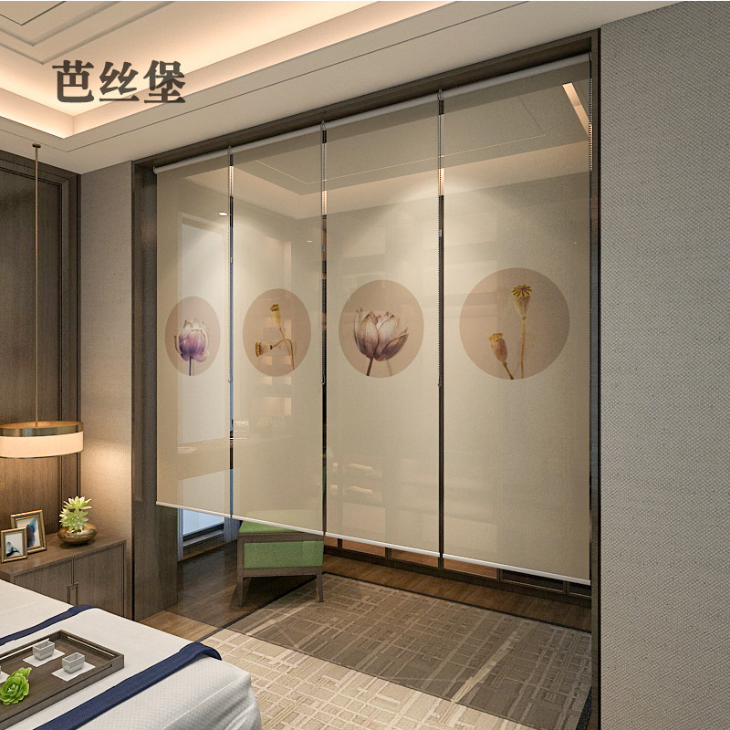 新中式卷帘窗帘软隔断屏风帘悬挂式升降客厅茶室餐厅玄关遮光