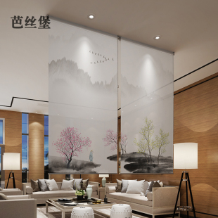 悬挂屏风玄关软隔断客厅卷帘窗户帘升降手拉遮光中国风 新现代中式