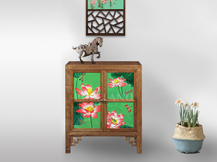 青兰工舍新中式现代仿古实木老榆木镶瓷板画多用餐边柜储物柜鞋柜