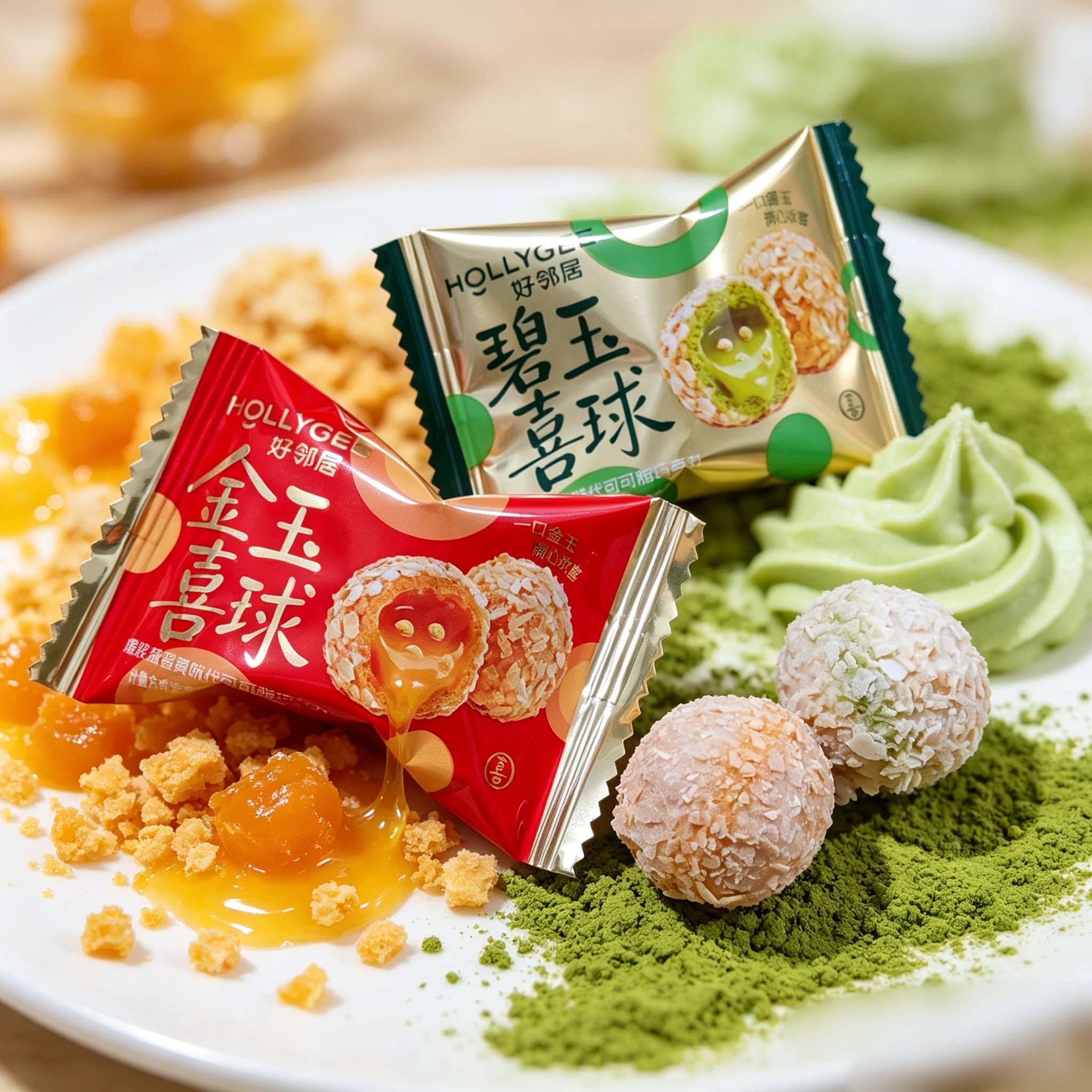 好邻居金玉喜球爆浆咸蛋黄味抹茶味代可可脂巧克力散装休闲喜糖果
