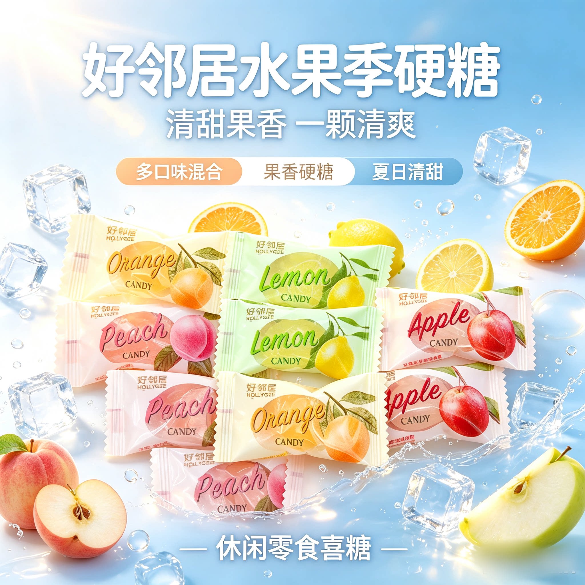 好邻居水果季白桃柠檬香橙苹果糖硬糖水果糖散装零食结婚招待糖果