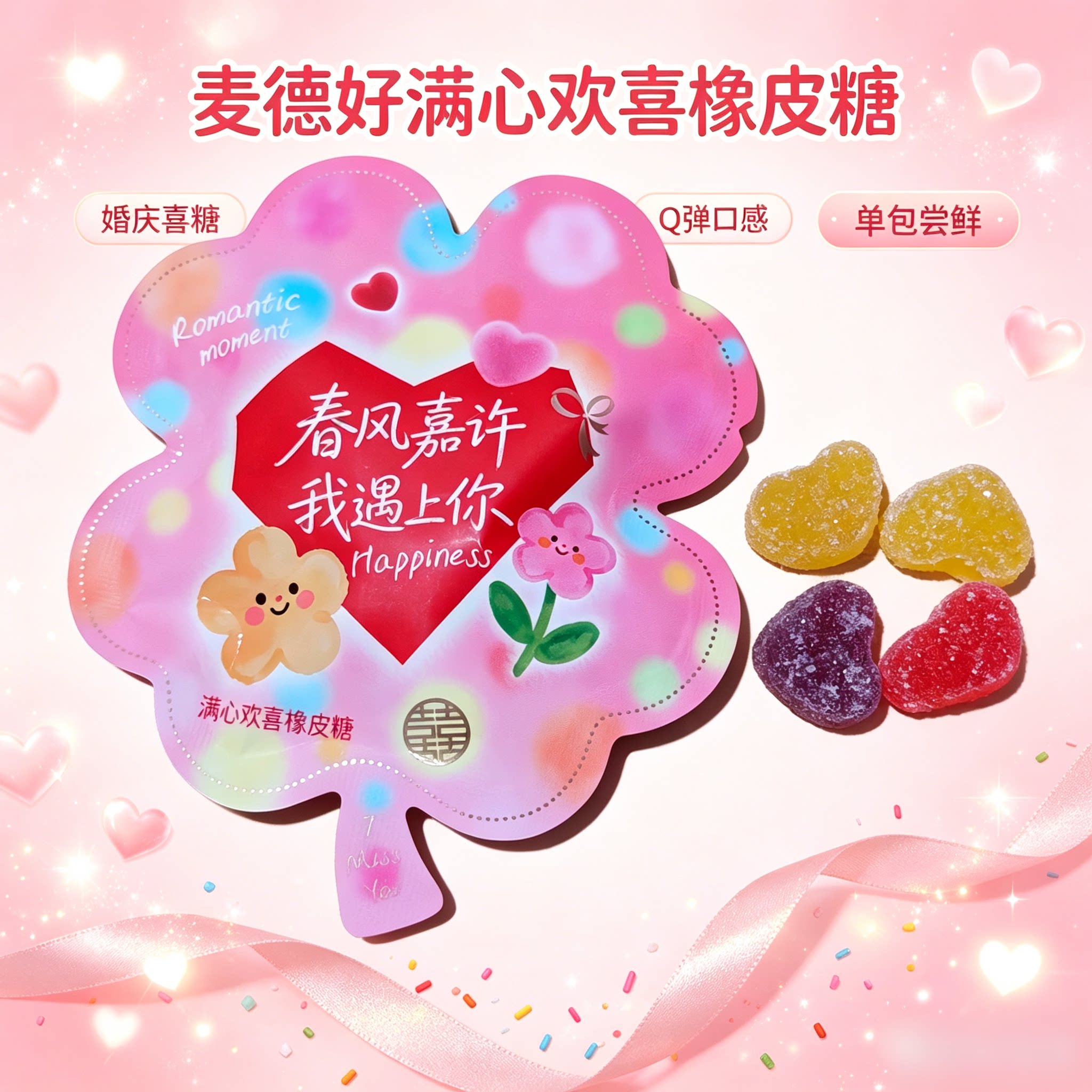 麦德好满心欢喜橡皮糖果汁软糖散装结婚庆喜糖果年货休闲小零食
