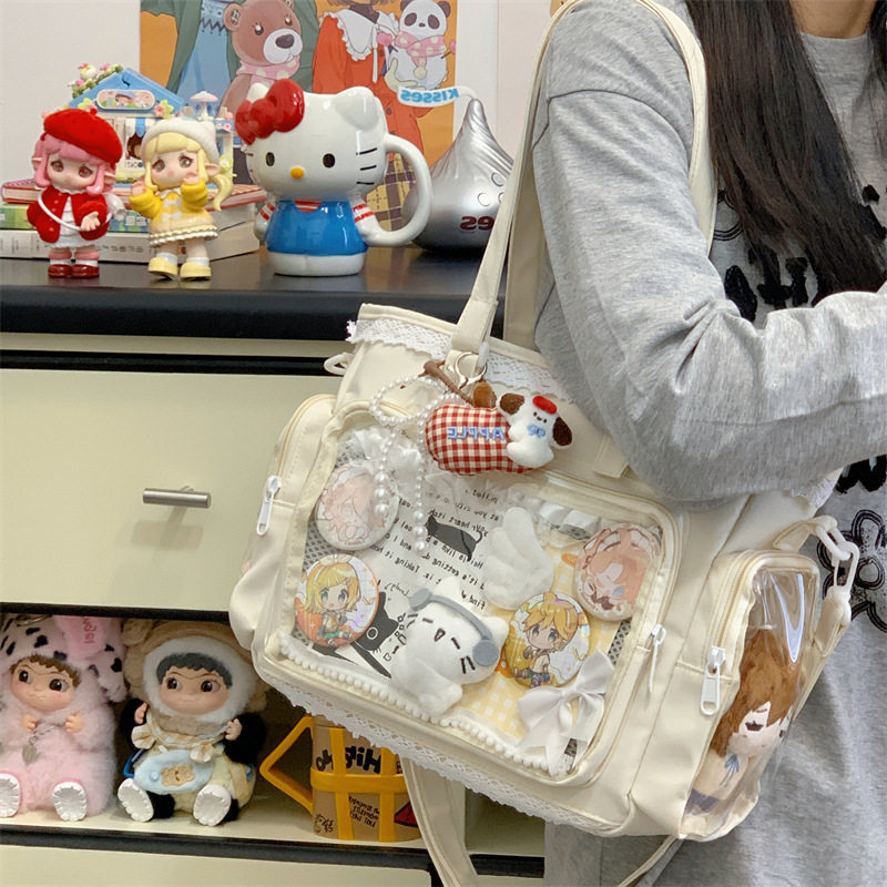 日系花边透明吧唧痛包二次元软妹单肩斜挎包女学生上课通勤托特包