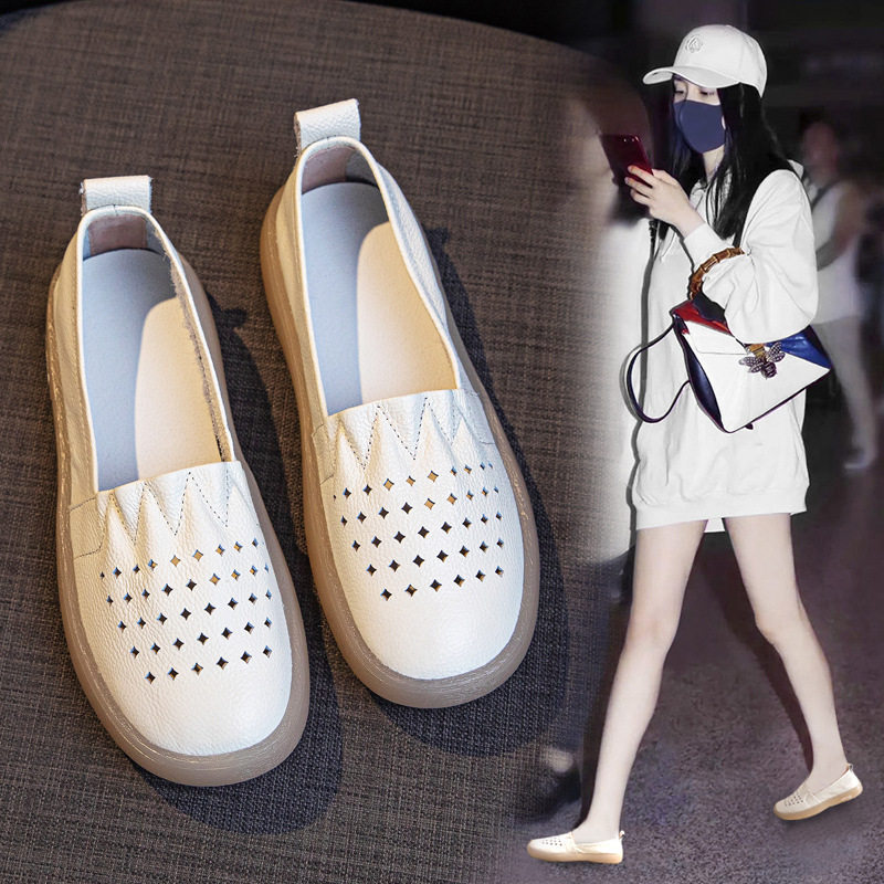 头层牛皮小白鞋女2026春夏镂空透气浅口单鞋一脚蹬医护孕妇妈妈鞋