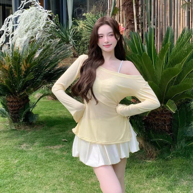 纯欲分体泳衣水色调肩罩衫显瘦温泉海边度假泳衣高档涤纶9230