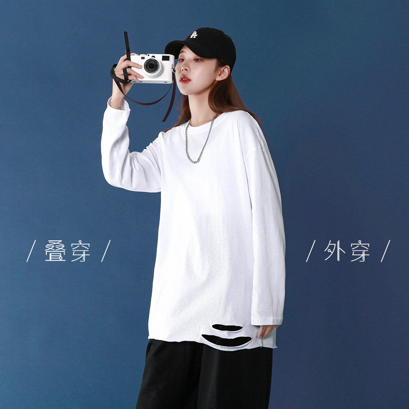 216-TT56-P35 【中长款遮pp打底T】2021长袖T恤外穿下摆破洞叠穿图片