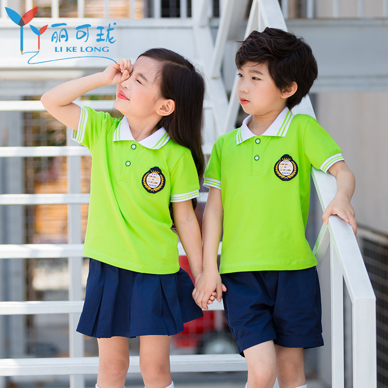 女童漂亮荧光绿色短袖POLO衫校服套装男童帅气运动服半袖幼儿园服