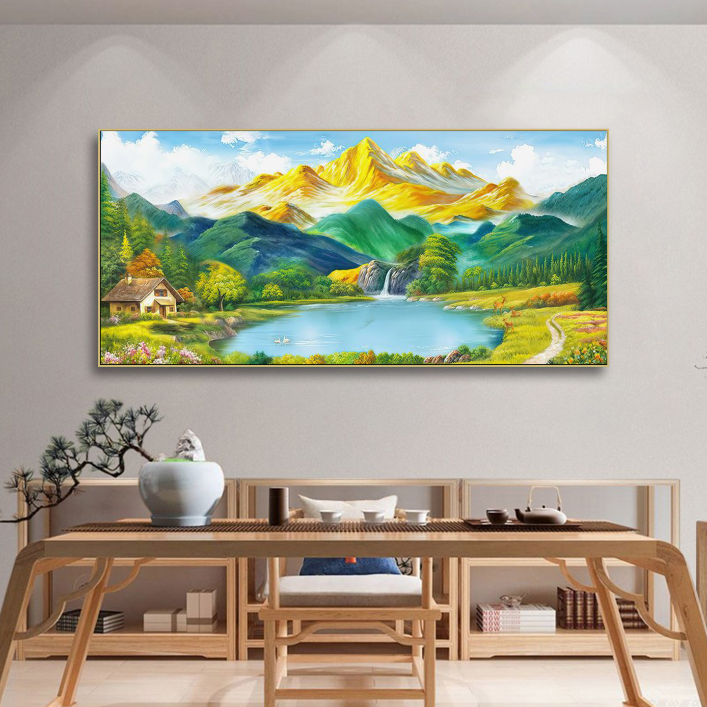 黄金满地日照金山聚宝盆挂画福鹿风水宝地山水背有靠山酒店装饰画