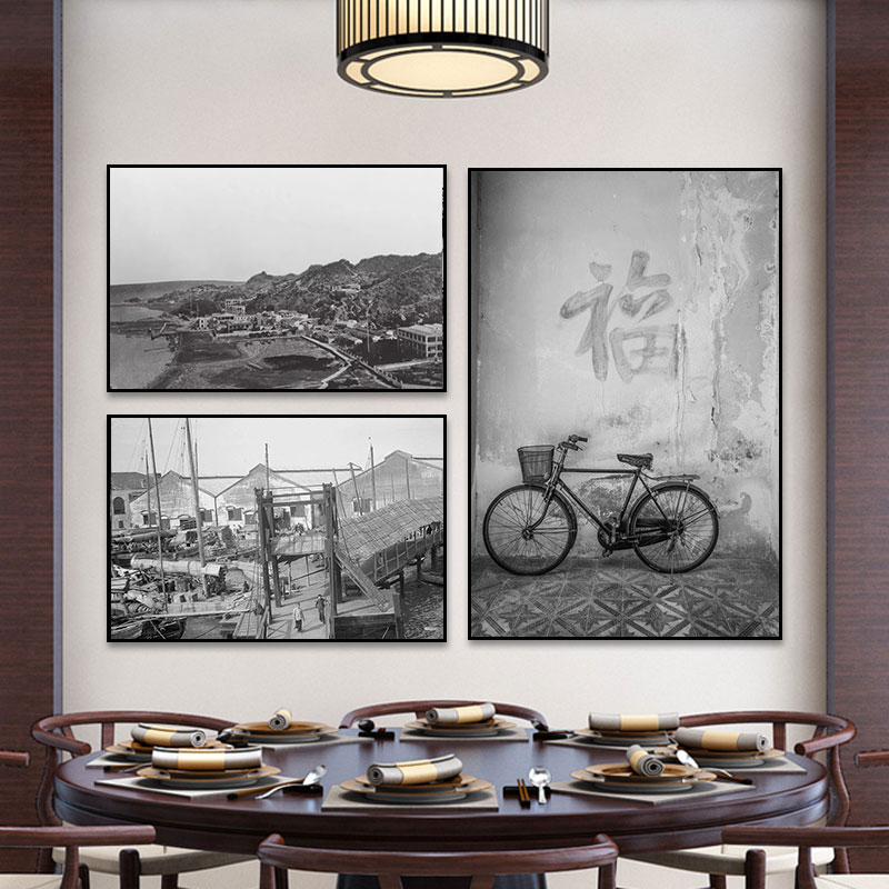 潮汕风情老照片挂画复古岭南文化饭店壁画黑白摄影建筑风景装饰画图片